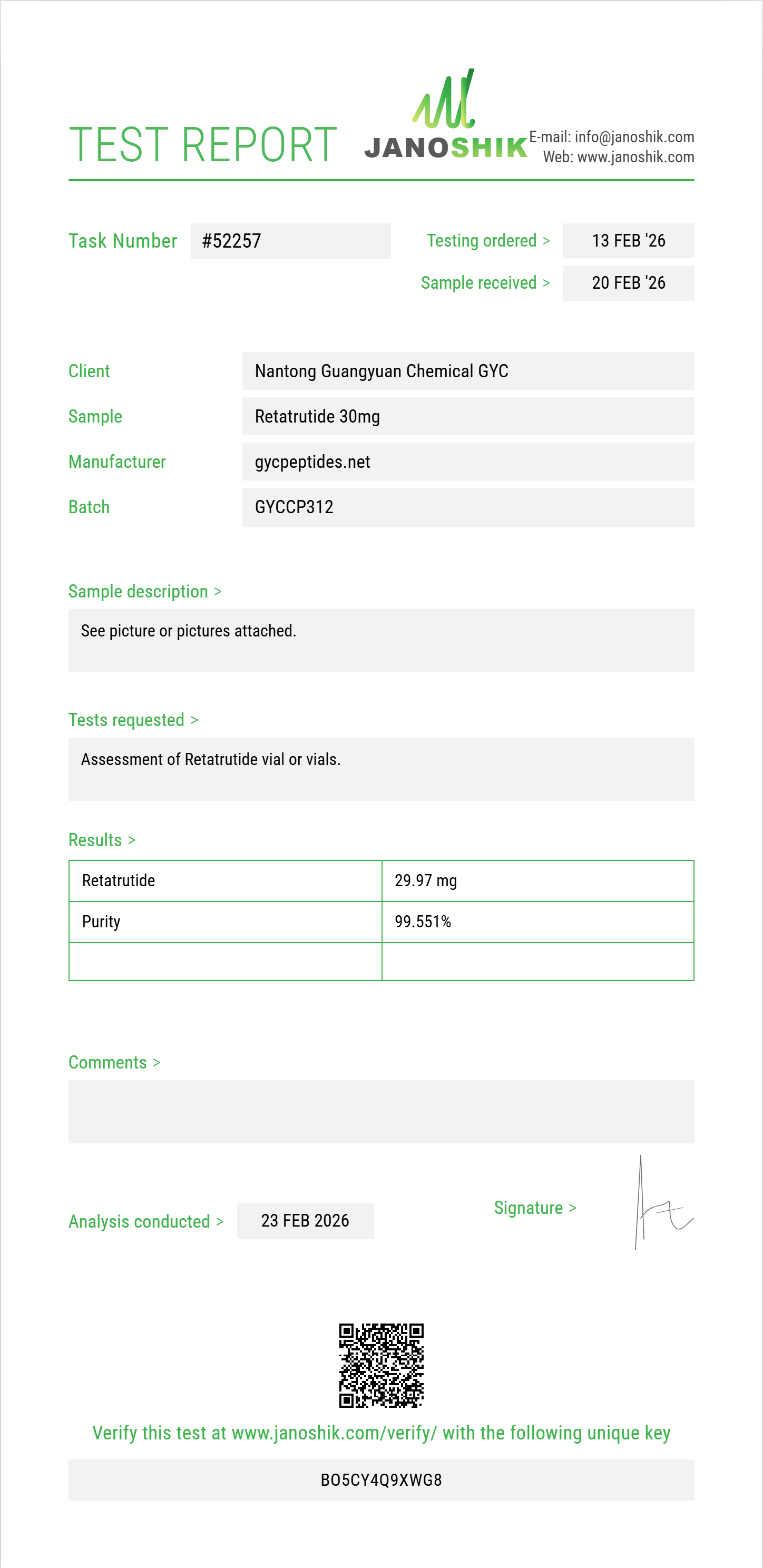 Retatrutide Janoshik test report